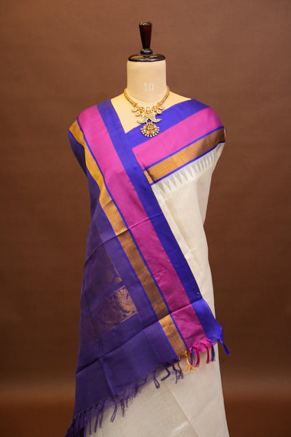 Pure Kuppadam Korvai Pattu Saree-Ivory & Blue