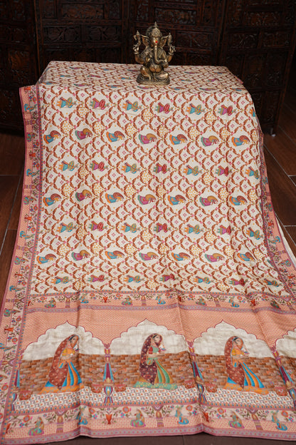 Kashmiri Pashmina Story Telling Saree - Ivory