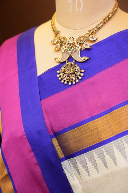 Pure Kuppadam Korvai Pattu Saree-Ivory & Blue