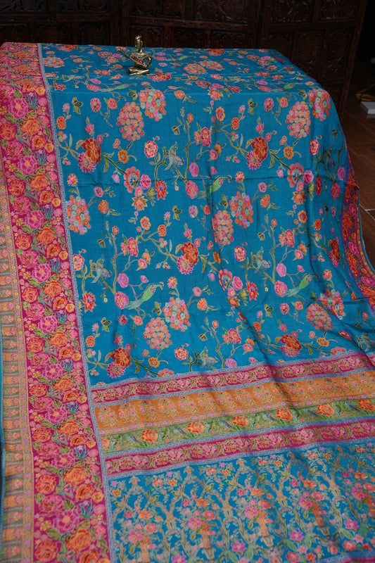 Kashmiri Pashmina Story Telling Saree - Blue & Pink