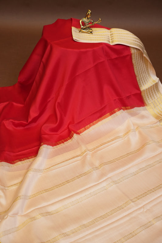 Plain Pure Crepe Mysore Silk Saree in Red With Ivory Blouse & Pallu