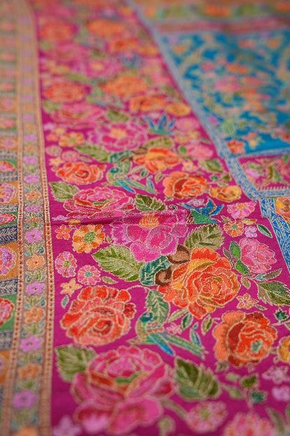 Kashmiri Pashmina Story Telling Saree - Blue & Pink