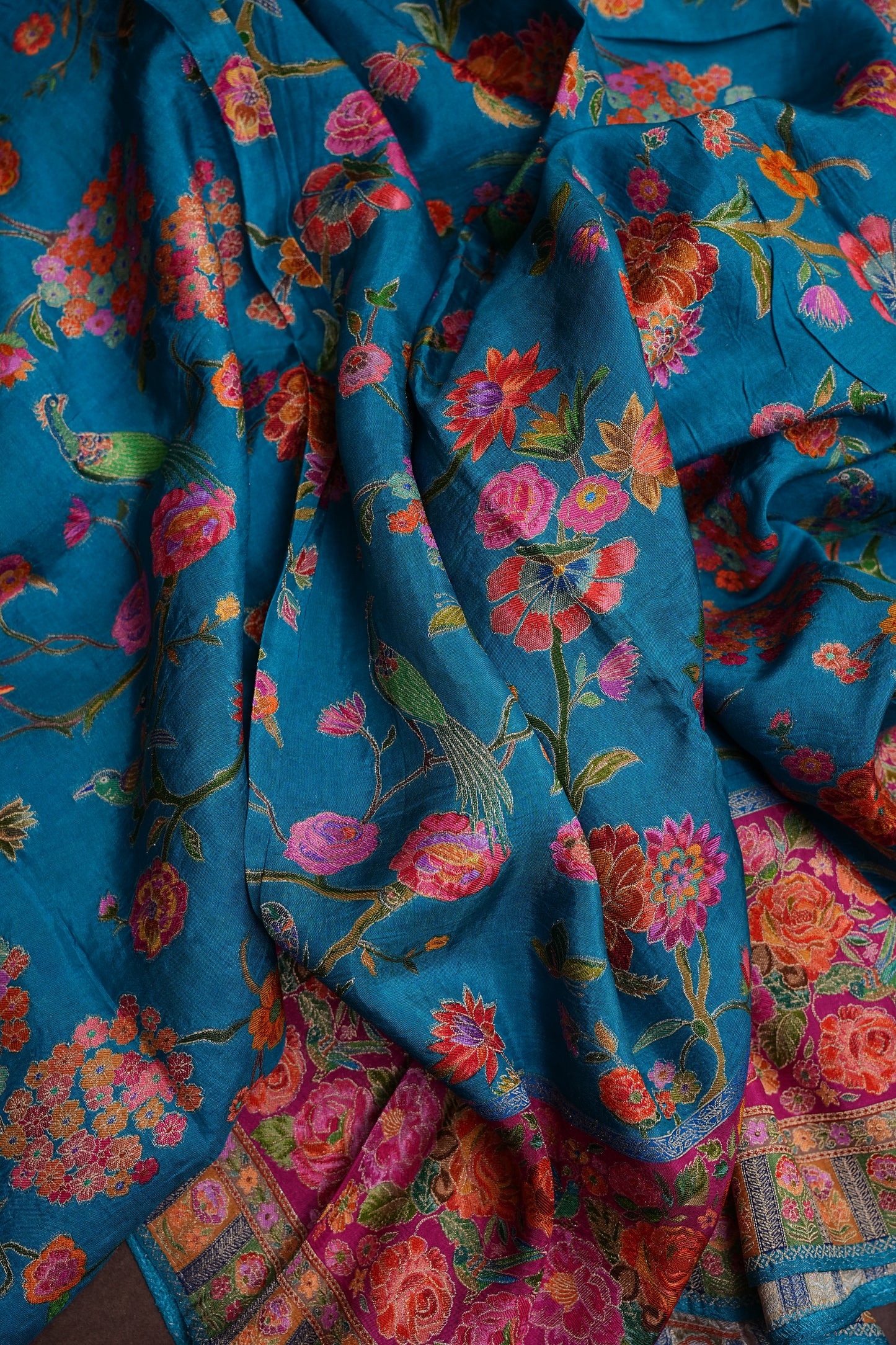 Kashmiri Pashmina Story Telling Saree - Blue & Pink