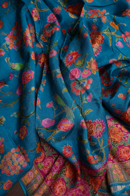 Kashmiri Pashmina Story Telling Saree - Blue & Pink