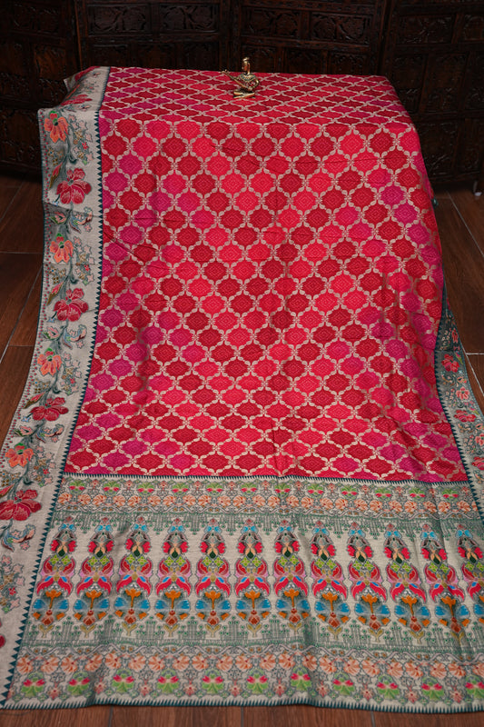 Kashmiri Pashmina Story Telling Saree - Pink