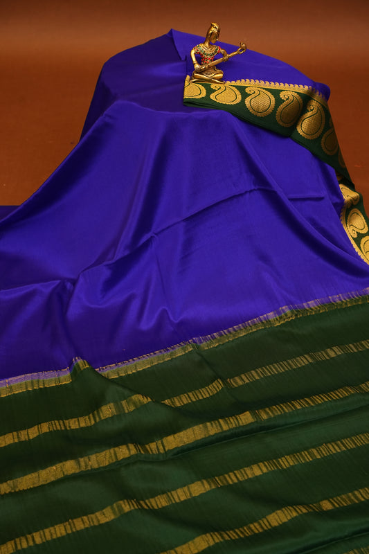Plain Pure Crepe Mysore Silk Saree in Royal Blue With Bottle Green Blouse & Pallu