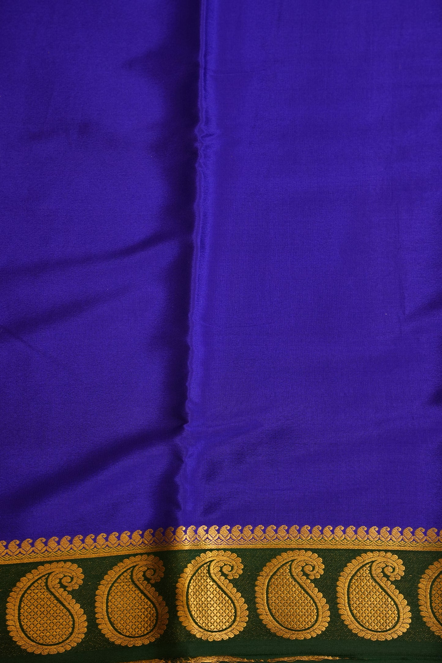 Plain Pure Crepe Mysore Silk Saree in Royal Blue With Bottle Green Blouse & Pallu
