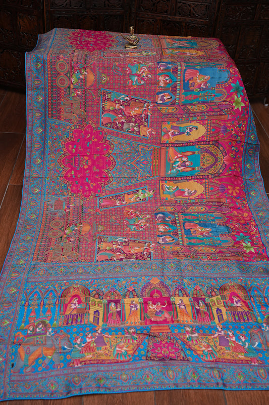 Kashmiri Pashmina Story Telling Saree - Pink & Blue