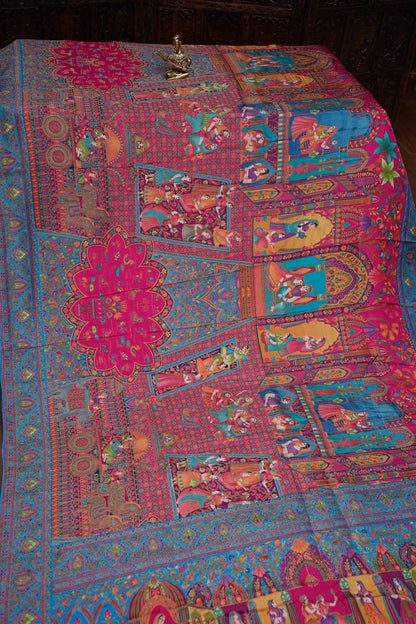 Kashmiri Pashmina Story Telling Saree - Pink & Blue