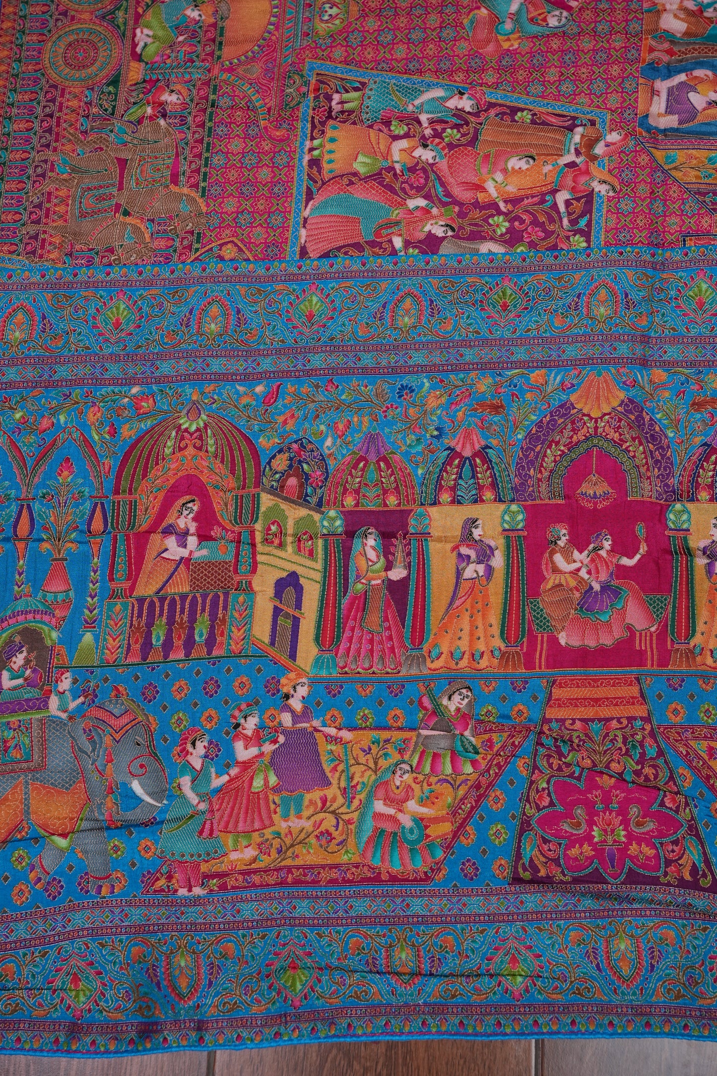 Kashmiri Pashmina Story Telling Saree - Pink & Blue