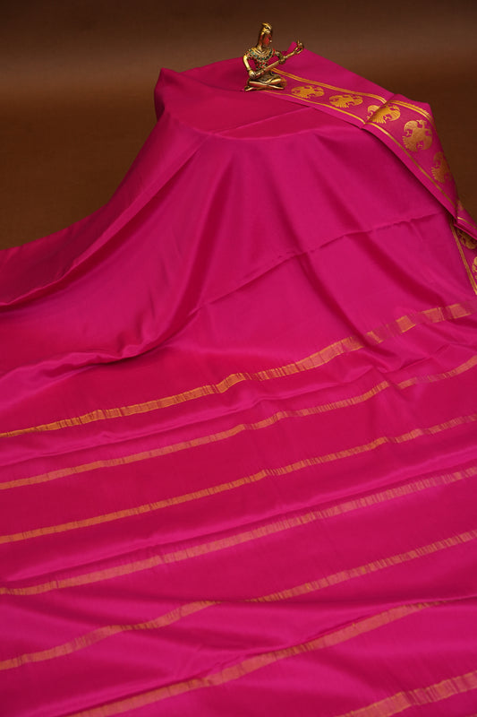 Plain Pure Crepe Mysore Silk Saree in HotPink With Gandaberunda Border