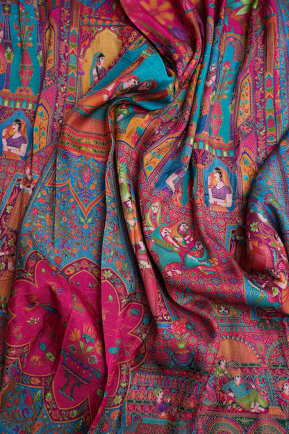 Kashmiri Pashmina Story Telling Saree - Pink & Blue