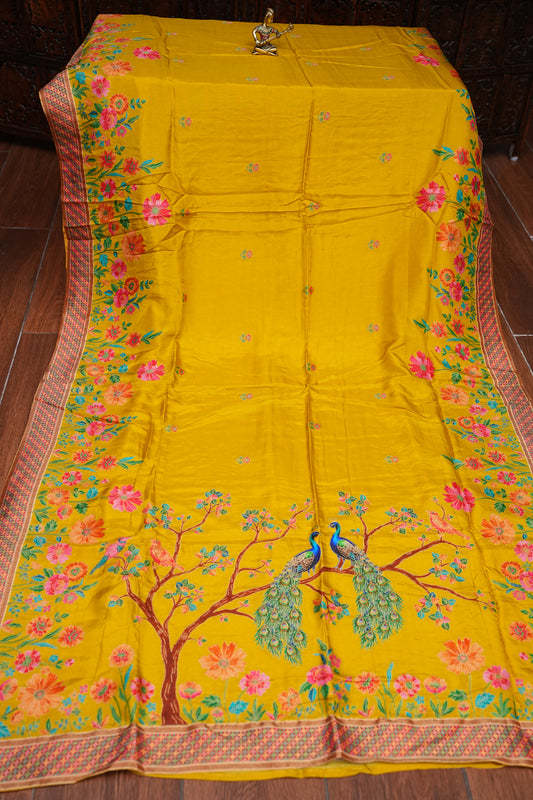 Kashmiri Pashmina Story Telling Saree - Yellow