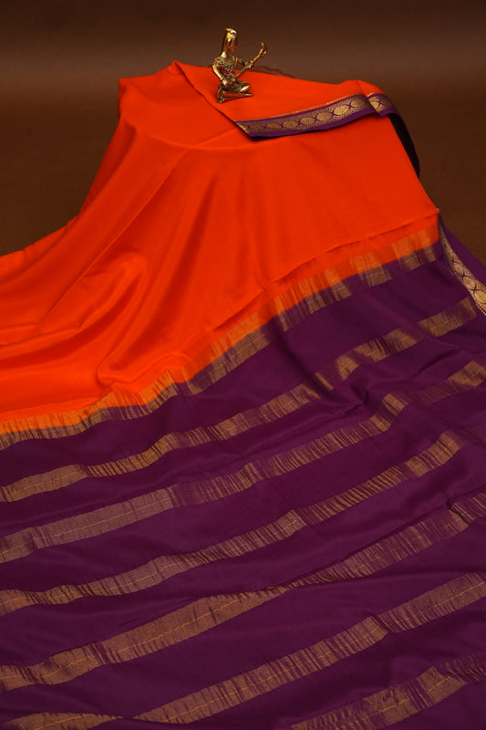 Plain Pure Crepe Mysore Silk Saree in Orange With Contrast Purple Border