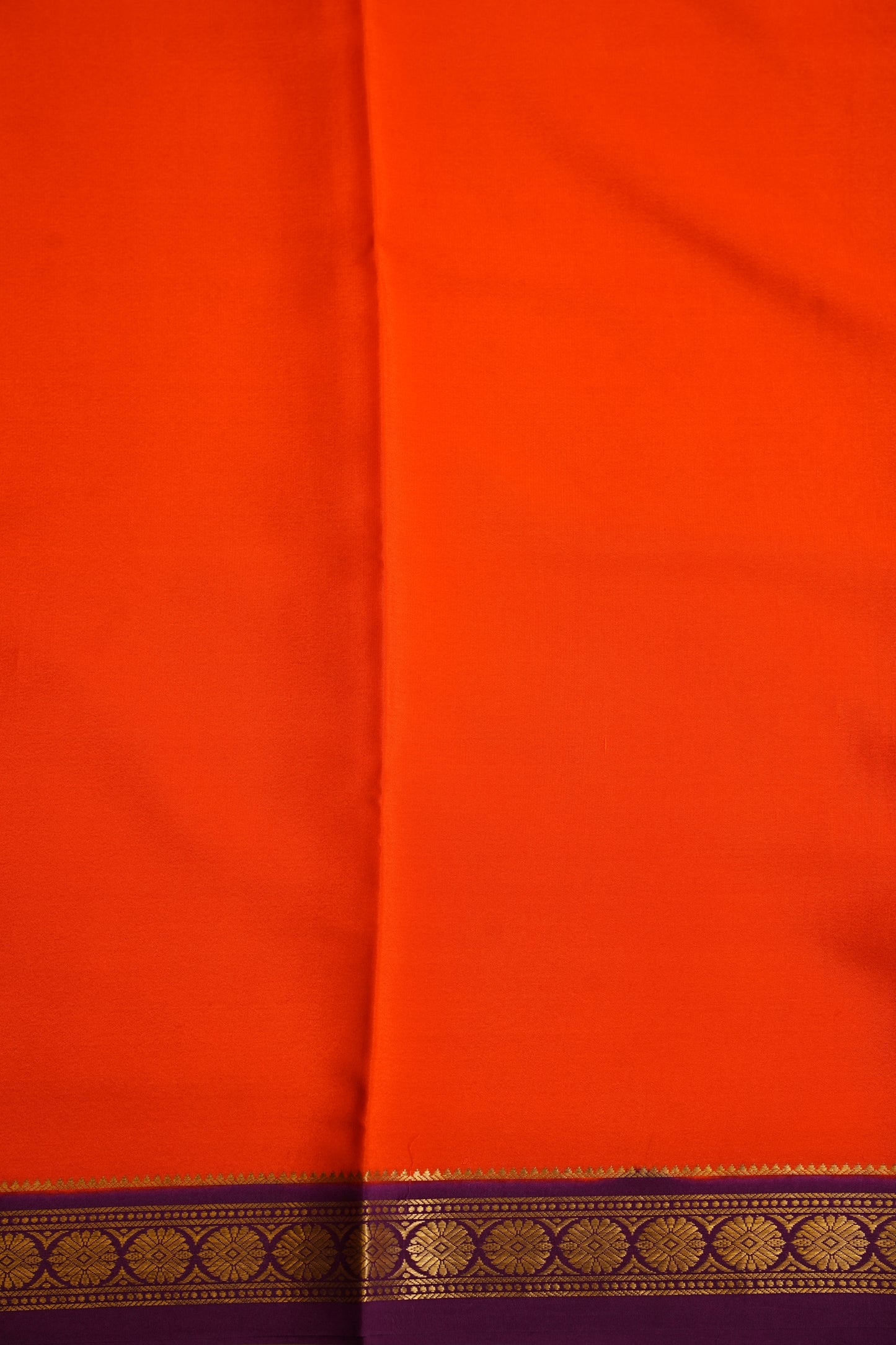 Plain Pure Crepe Mysore Silk Saree in Orange With Contrast Purple Border