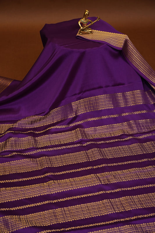 Plain Pure Crepe Mysore Silk Saree in Royal Purple With Contrast Green Blouse