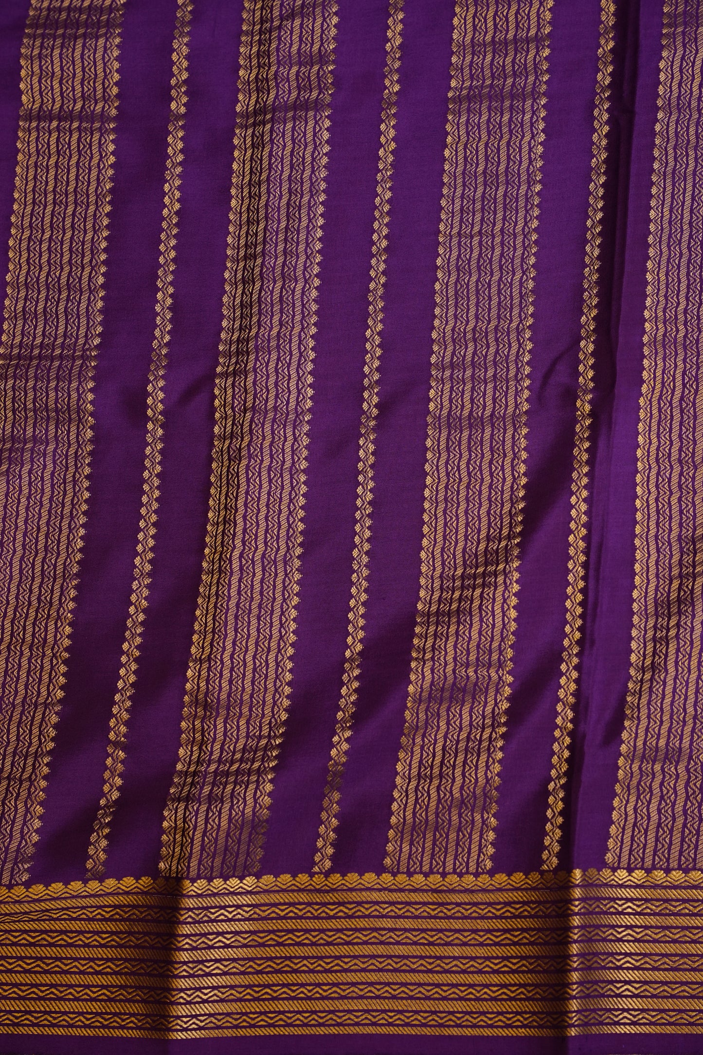 Plain Pure Crepe Mysore Silk Saree in Royal Purple With Contrast Green Blouse
