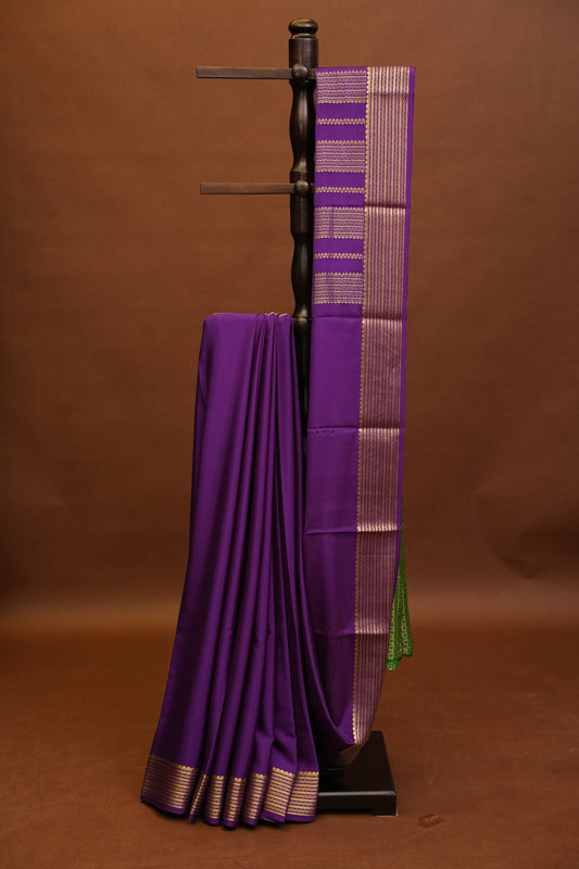 Plain Pure Crepe Mysore Silk Saree in Royal Purple With Contrast Green Blouse