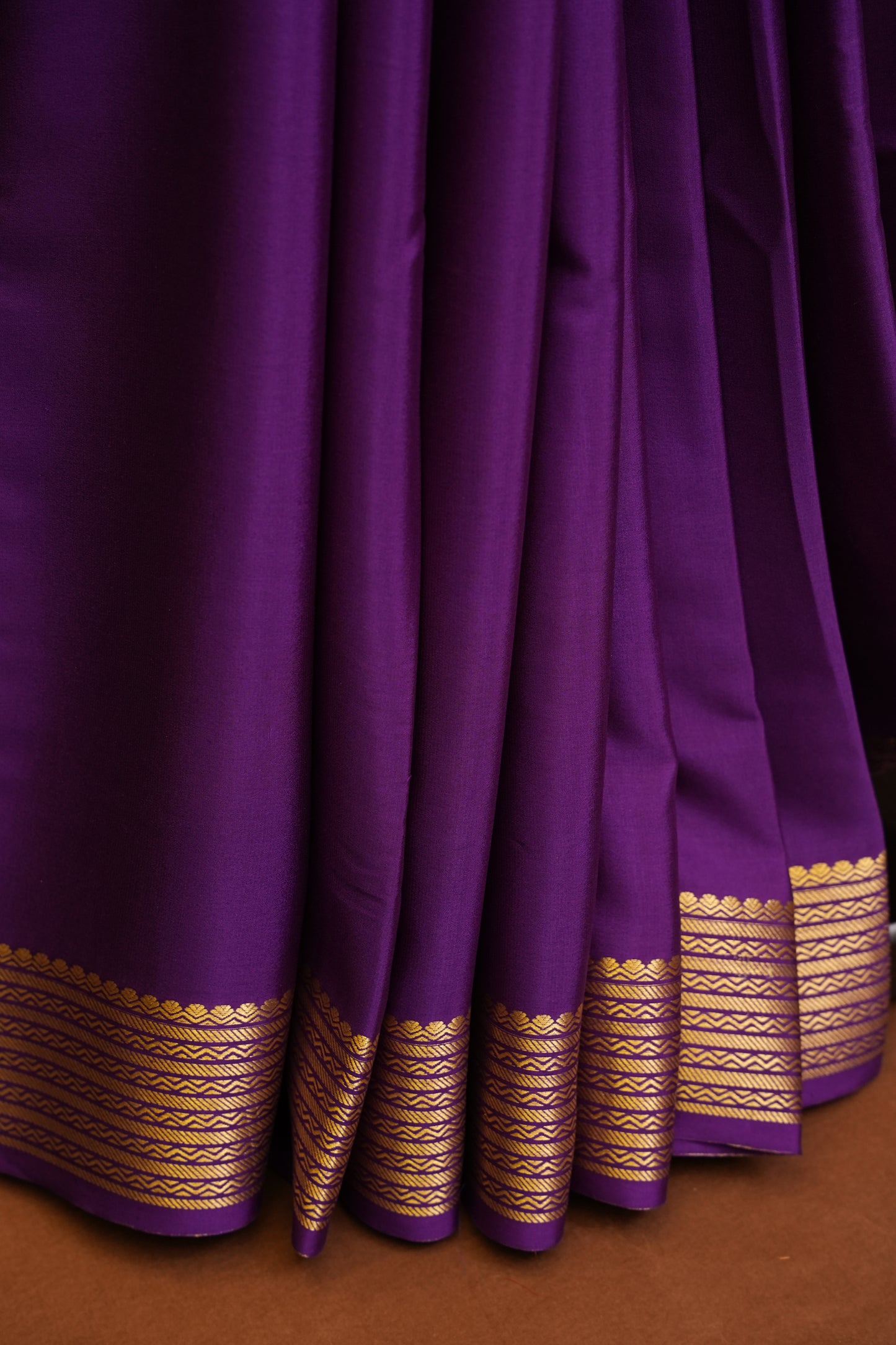 Plain Pure Crepe Mysore Silk Saree in Royal Purple With Contrast Green Blouse