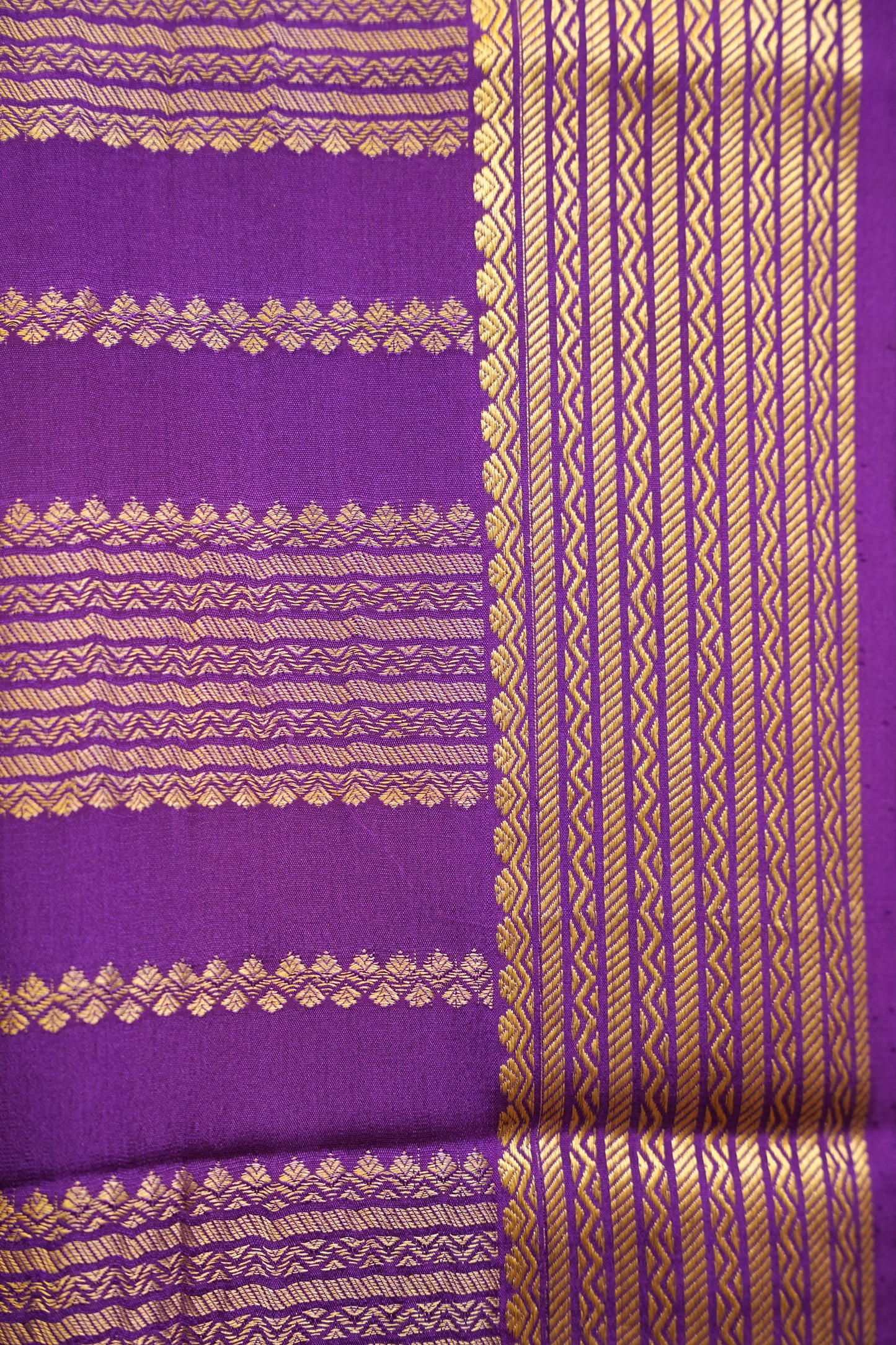 Plain Pure Crepe Mysore Silk Saree in Royal Purple With Contrast Green Blouse
