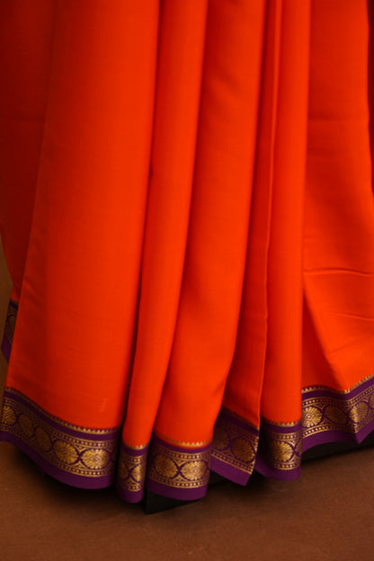 Plain Pure Crepe Mysore Silk Saree in Orange With Contrast Purple Border