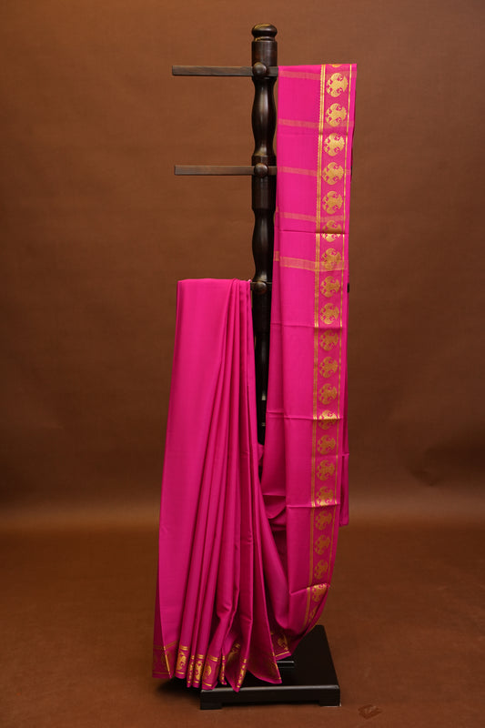 Plain Pure Crepe Mysore Silk Saree in HotPink With Gandaberunda Border