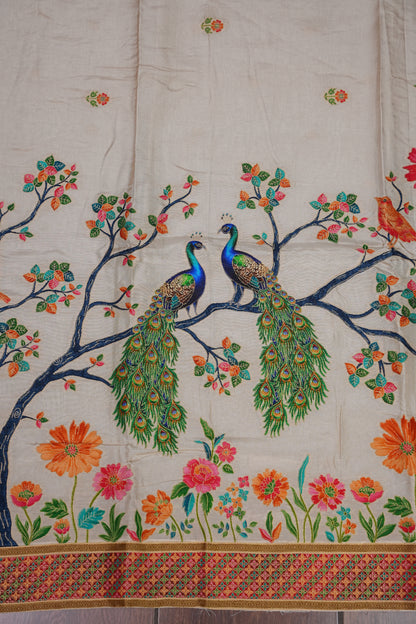 Kashmiri Pashmina Story Telling Saree - Ivory