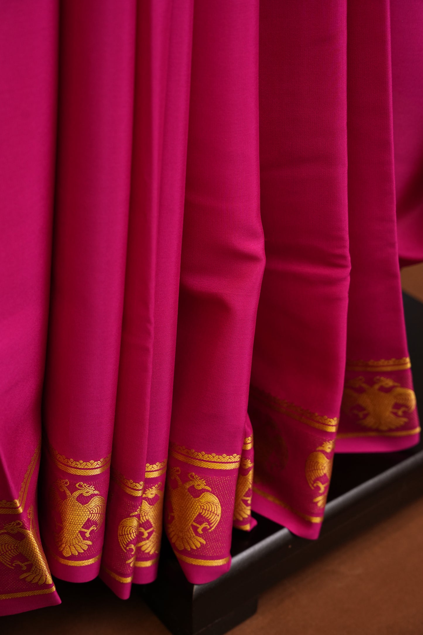 Plain Pure Crepe Mysore Silk Saree in HotPink With Gandaberunda Border