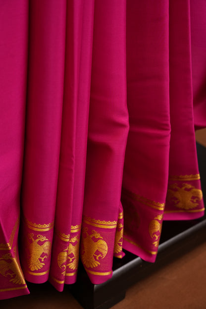 Plain Pure Crepe Mysore Silk Saree in HotPink With Gandaberunda Border