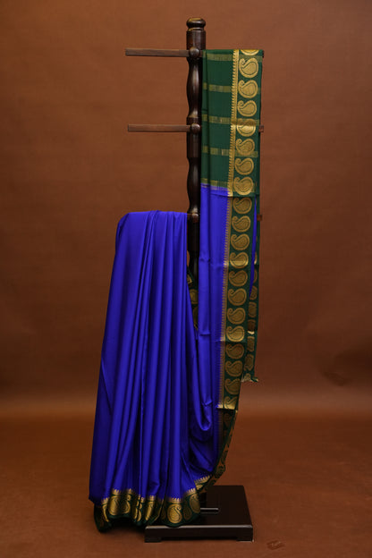 Plain Pure Crepe Mysore Silk Saree in Royal Blue With Bottle Green Blouse & Pallu