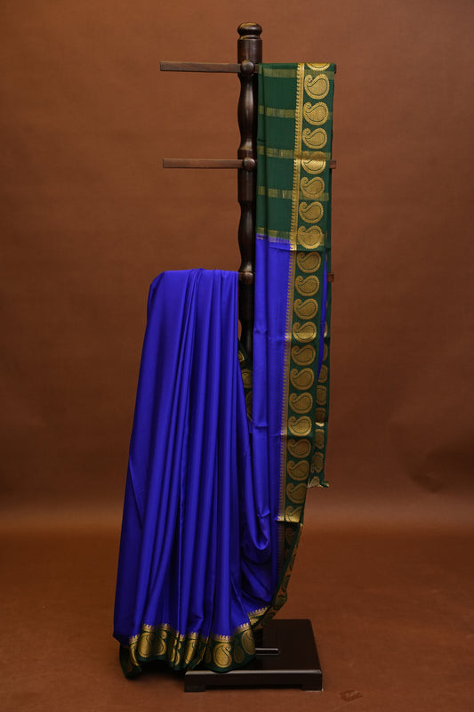 Plain Pure Crepe Mysore Silk Saree in Royal Blue With Bottle Green Blouse & Pallu