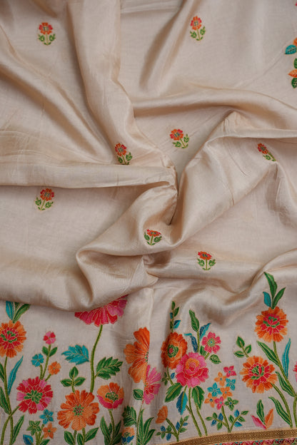 Kashmiri Pashmina Story Telling Saree - Ivory