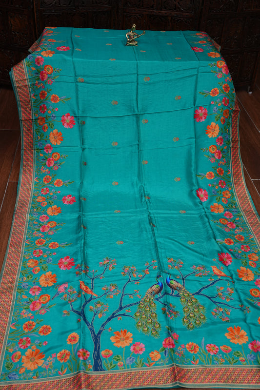 Kashmiri Pashmina Story Telling Saree - Turquoise