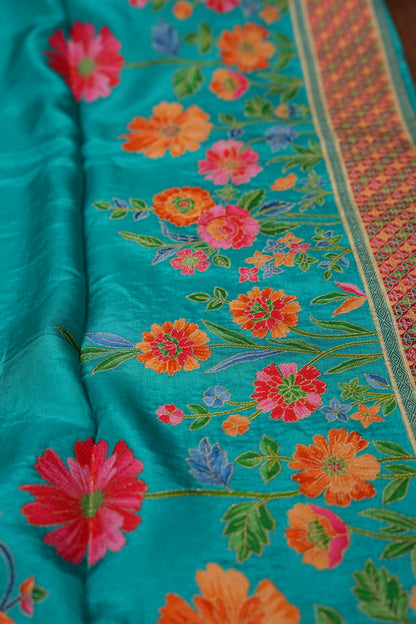 Kashmiri Pashmina Story Telling Saree - Turquoise