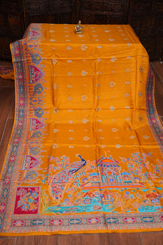 Kashmiri Pashmina Story Telling Saree - Mustard Yellow
