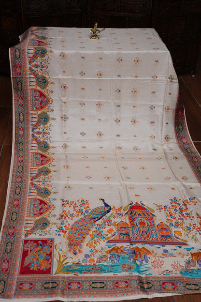Kashmiri Pashmina Story Telling Saree - Ivory