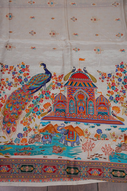 Kashmiri Pashmina Story Telling Saree - Ivory
