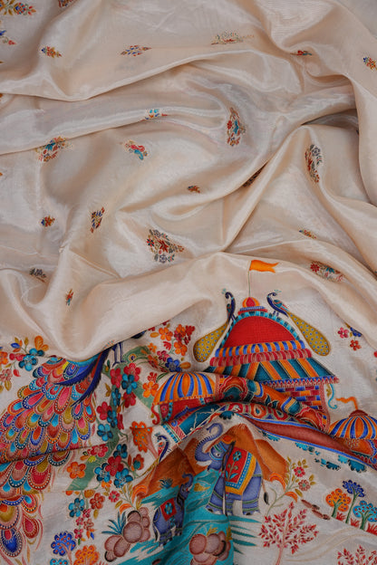 Kashmiri Pashmina Story Telling Saree - Ivory