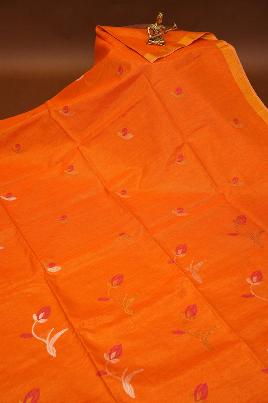 Tissue Linen Saree with Tassles - Orange