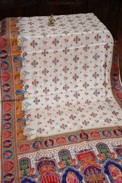 Kashmiri Pashmina Story Telling Saree - Ivory