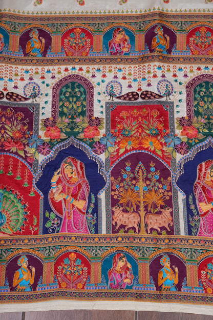 Kashmiri Pashmina Story Telling Saree - Ivory
