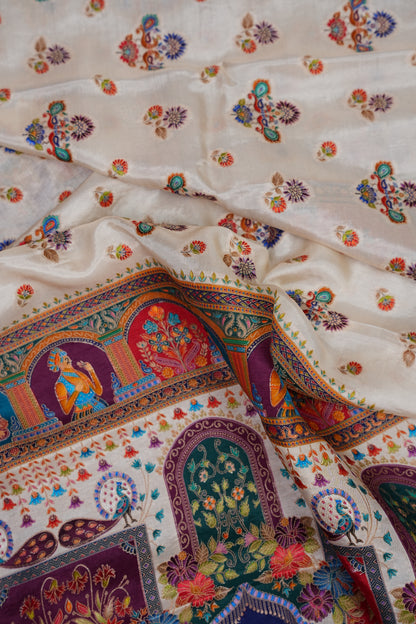 Kashmiri Pashmina Story Telling Saree - Ivory
