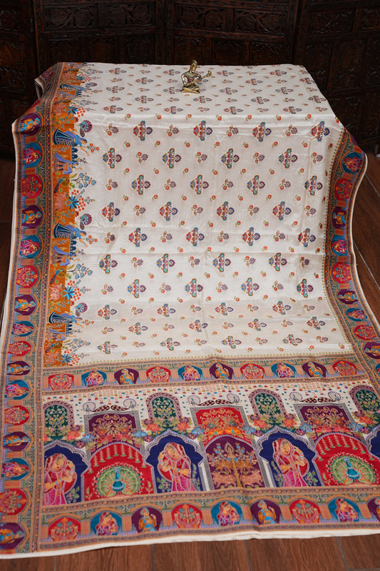 Kashmiri Pashmina Story Telling Saree - Ivory Shade