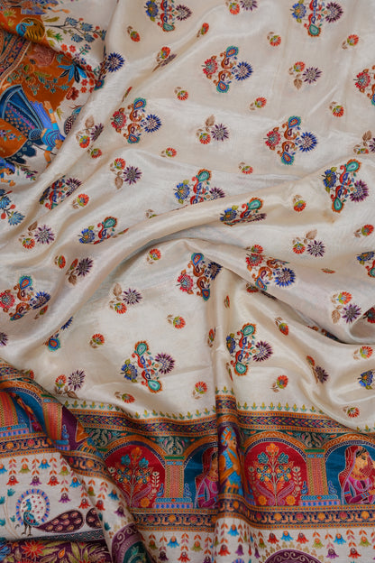 Kashmiri Pashmina Story Telling Saree - Ivory Shade