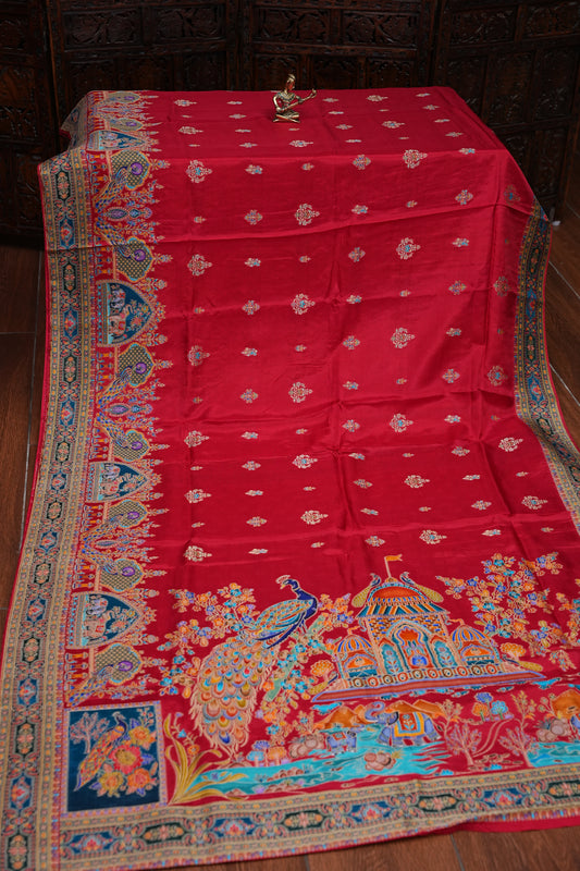 Kashmiri Pashmina Story Telling Saree - Red