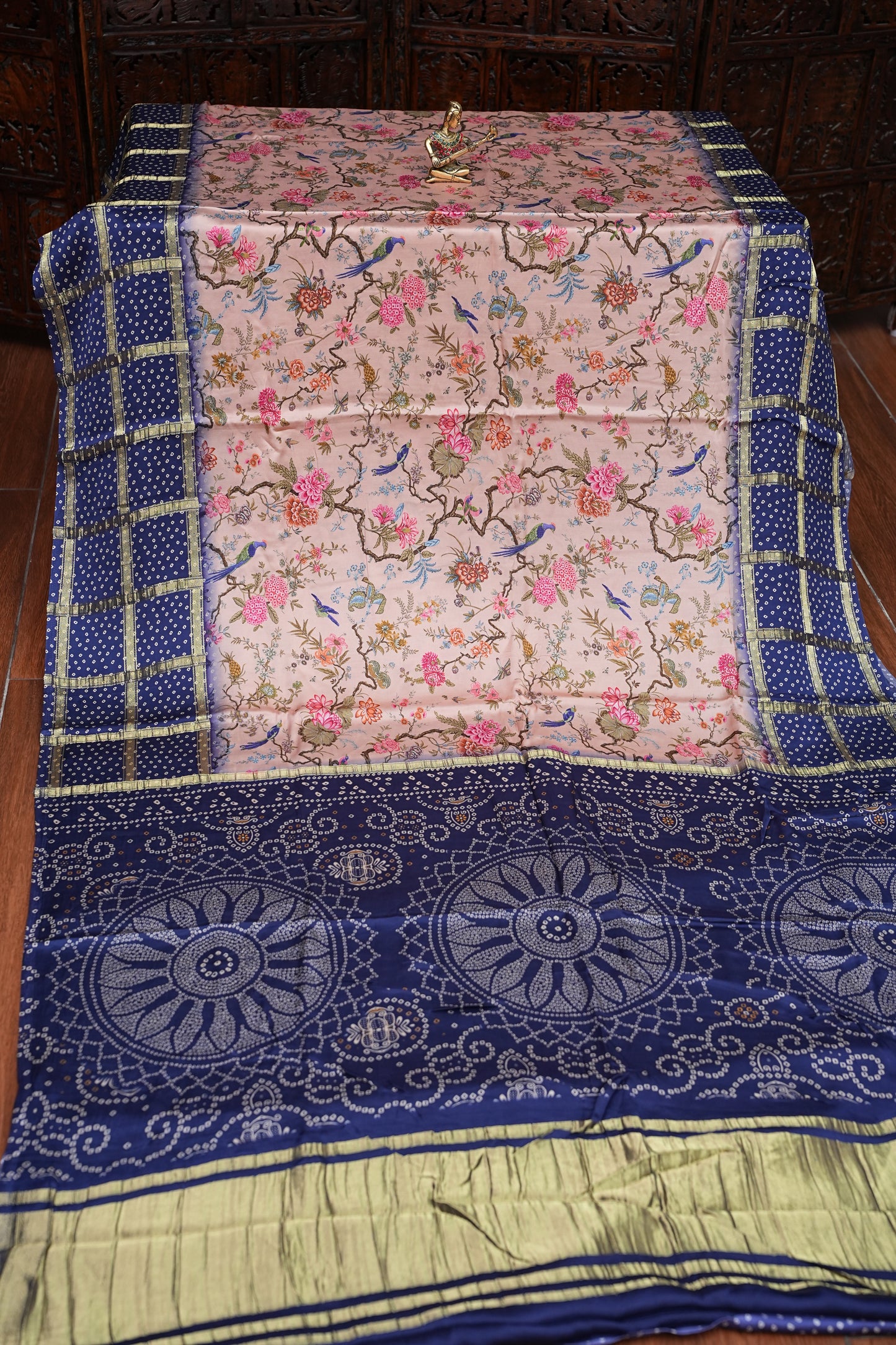 Bandhini Garchola Modal Silk Saree - Peach & Blue