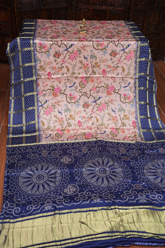 Bandhini Garchola Modal Silk Saree - Peach & Blue