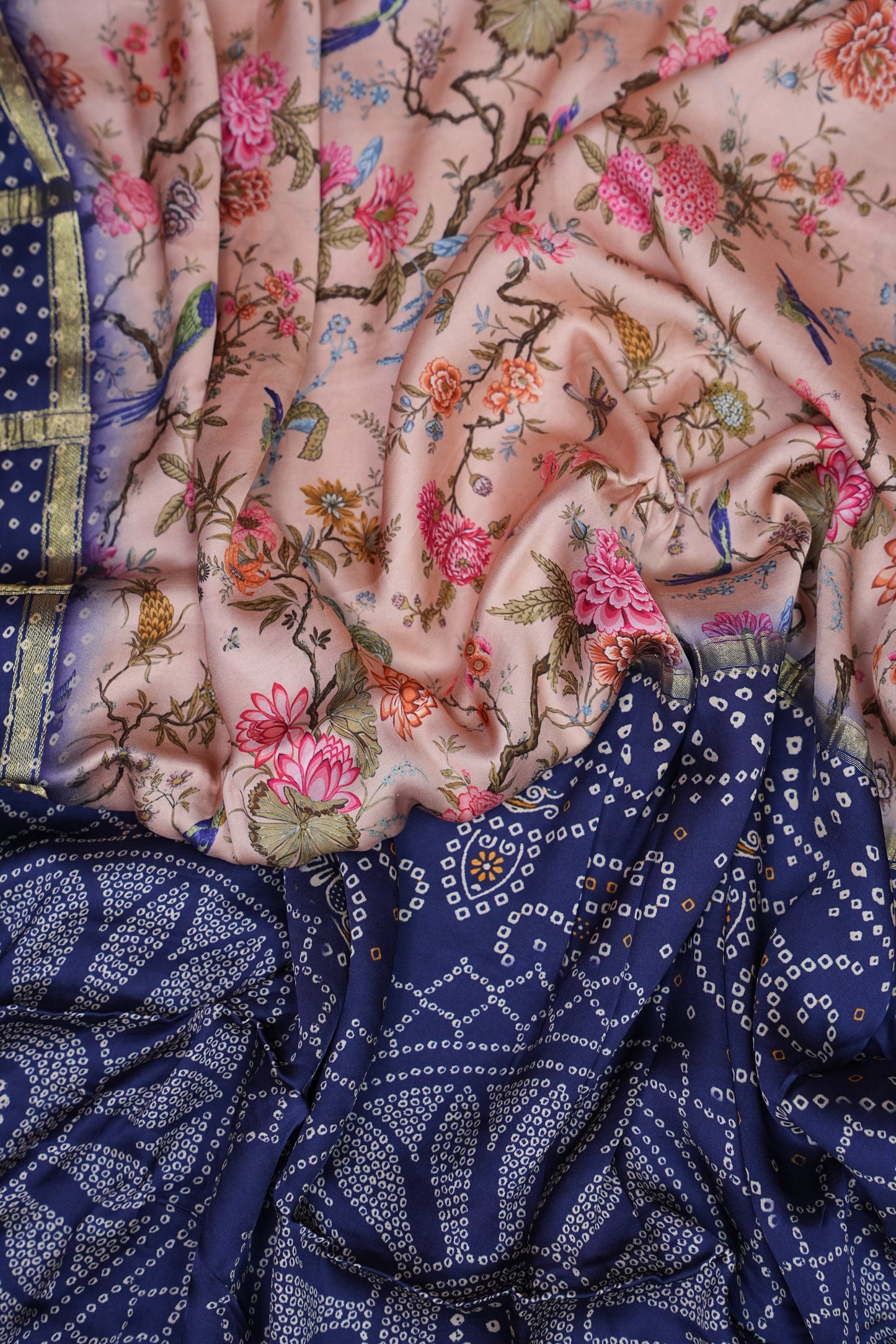 Bandhini Garchola Modal Silk Saree - Peach & Blue