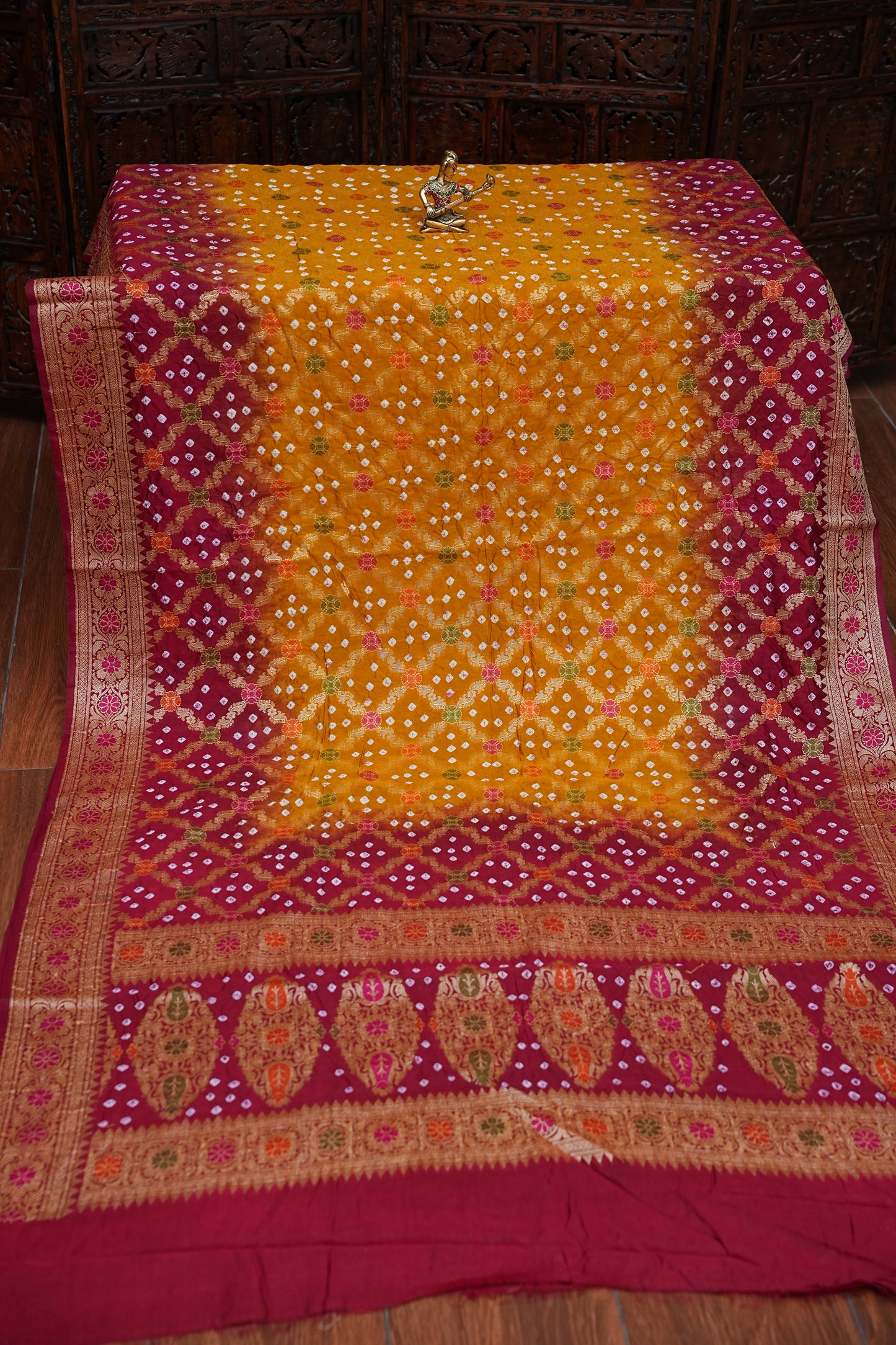 Crushed Munga Pure Bandhini Saree in Mustard & Maroon