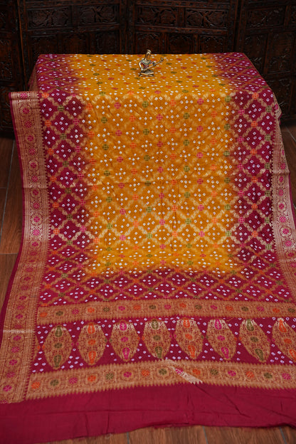 Crushed Munga Pure Bandhini Saree in Mustard & Maroon